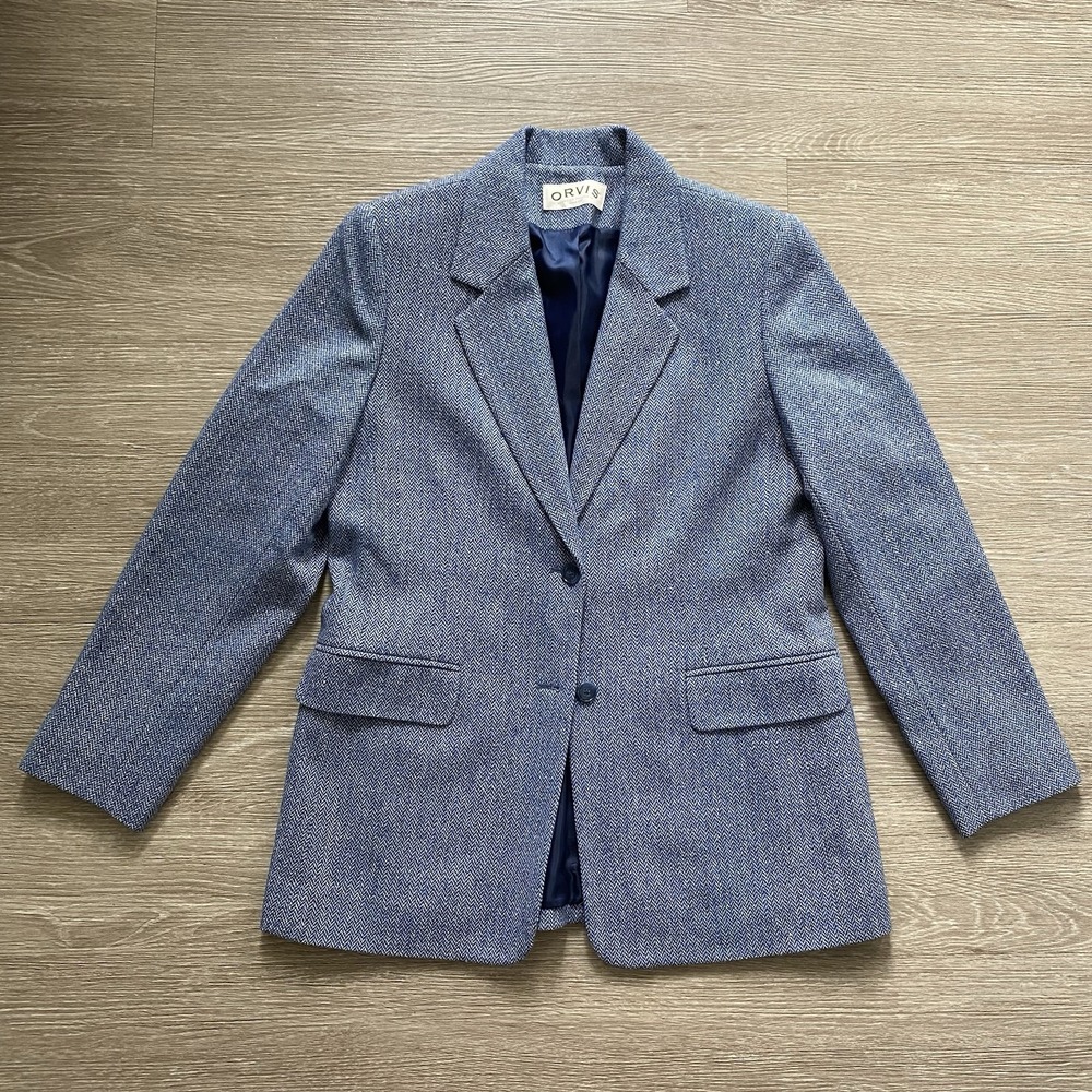 Orvis Herringbone Tweed Blazer Womens 8P Blue Lambswool Silk Blend Preppy Luxury